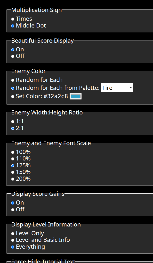 Settings page of Mathematical Base Defenders.